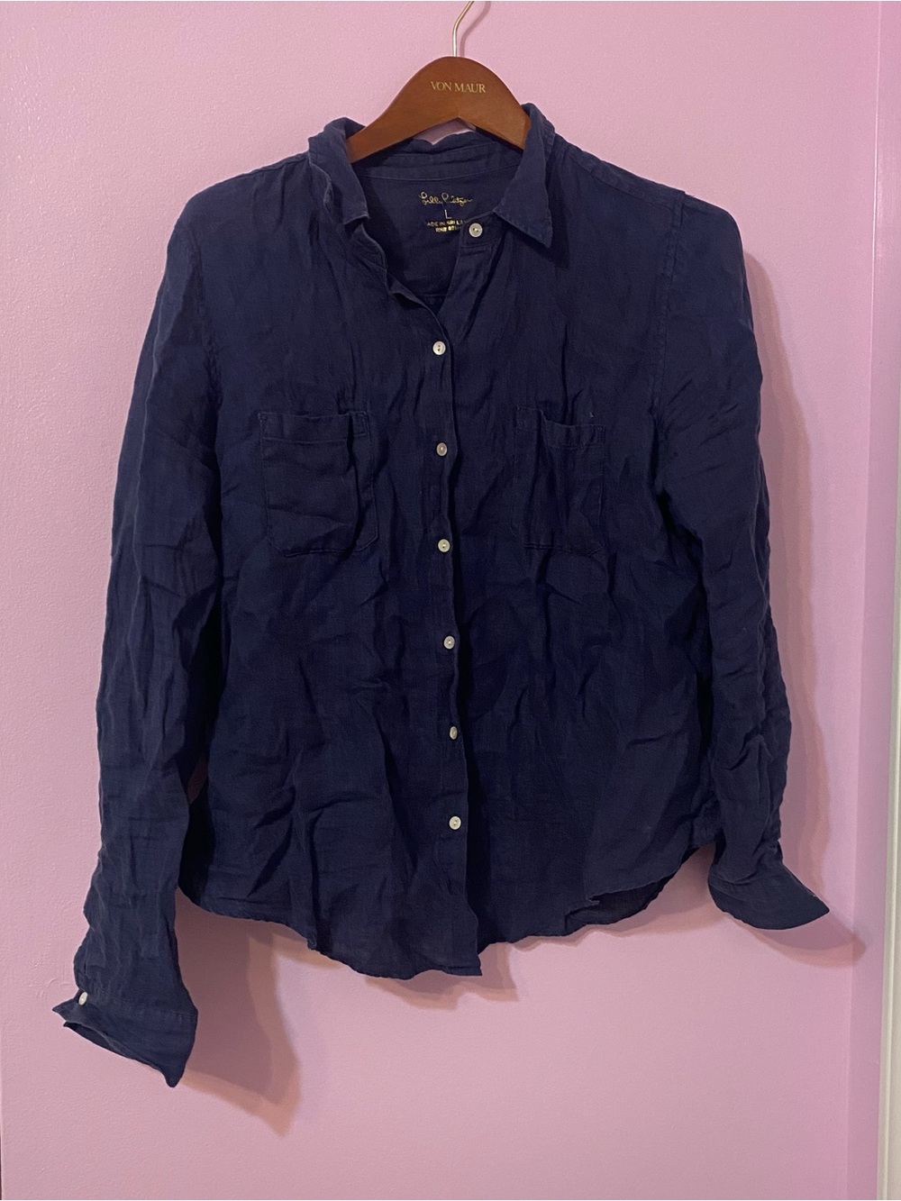Lilly Pulitzer Sea View Linen Button Down Shirt Navy Blue size Large